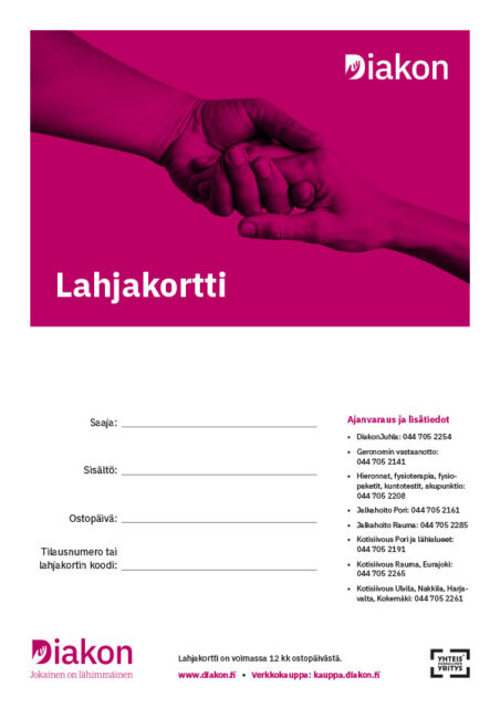 Lahjakortti, jossa kädet pitävät kiinni toisistaan