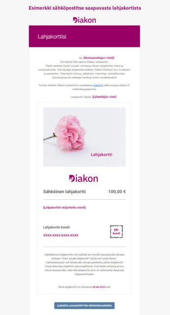Esimerkki miltä lahjakortti näyttää vastaanottajalle sähköpostissa