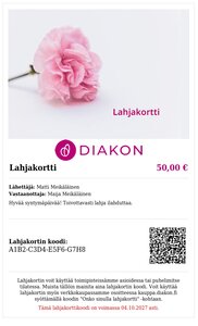 Esimerkki miltä lahjakortti näyttää vastaanottajalle sähköpostin liitteenä tulevassa pdf-tiedostossa