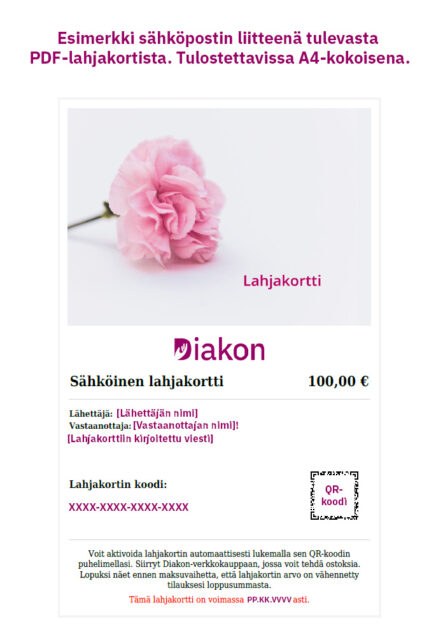 Esimerkki miltä lahjakortti näyttää vastaanottajalle sähköpostin liitteenä tulevassa pdf-tiedostossa